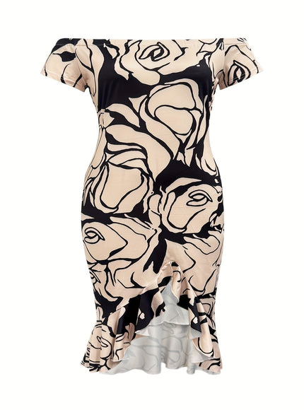 jkthpu-45 Plus Size - Elegant Off-Shoulder Floral Print Midi Dress for Women - Chic Black & White Rose Design, Ruffled Hem, Perfect for Spring/Summer, Polyester Blend, Machine Washable, Cute Dress
