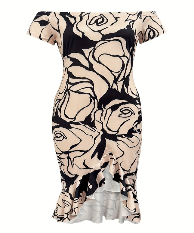 jkthpu-45 Plus Size - Elegant Off-Shoulder Floral Print Midi Dress for Women - Chic Black & White Rose Design, Ruffled Hem, Perfect for Spring/Summer, Polyester Blend, Machine Washable, Cute Dress