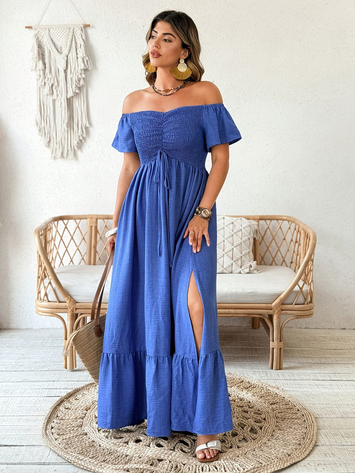 jkthpu-45 Plus Size - Elegant Off-Shoulder Maxi Dress with Keyhole Cutout - Loose Fit, Wide Leg, and Ruched Detail for Women, Beach Party Attire, Allseason Dress|Keyhole Detail|Ruched Detail