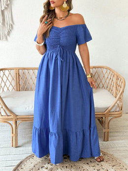 jkthpu-45 Plus Size - Elegant Off-Shoulder Maxi Dress with Keyhole Cutout - Loose Fit, Wide Leg, and Ruched Detail for Women, Beach Party Attire, Allseason Dress|Keyhole Detail|Ruched Detail