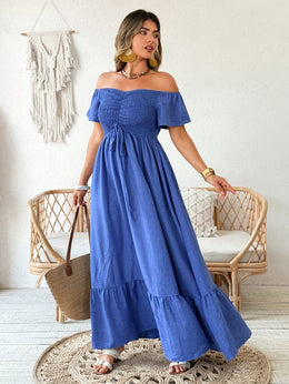 jkthpu-45 Plus Size - Elegant Off-Shoulder Maxi Dress with Keyhole Cutout - Loose Fit, Wide Leg, and Ruched Detail for Women, Beach Party Attire, Allseason Dress|Keyhole Detail|Ruched Detail