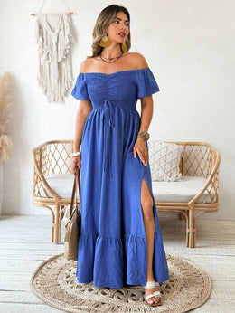 jkthpu-45 Plus Size - Elegant Off-Shoulder Maxi Dress with Keyhole Cutout - Loose Fit, Wide Leg, and Ruched Detail for Women, Beach Party Attire, Allseason Dress|Keyhole Detail|Ruched Detail