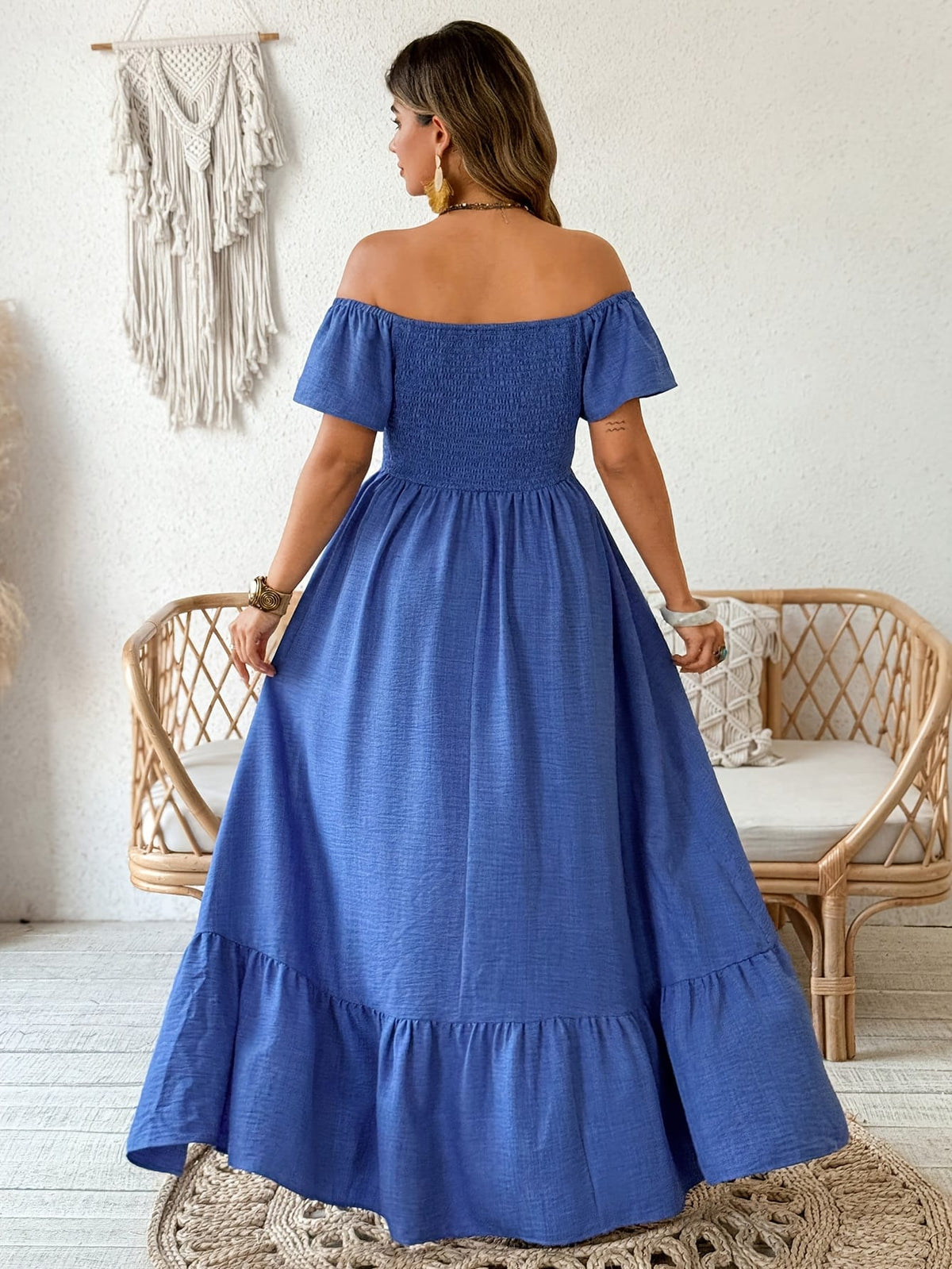 jkthpu-45 Plus Size - Elegant Off-Shoulder Maxi Dress with Keyhole Cutout - Loose Fit, Wide Leg, and Ruched Detail for Women, Beach Party Attire, Allseason Dress|Keyhole Detail|Ruched Detail