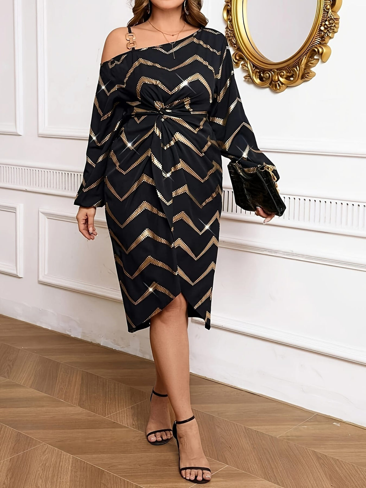jkthpu-45 Plus Size Elegant Off the Shoulder Striped Midi Dress - Chic Polyester Blend, Non-Stretch, Asymmetrical Hem, Peplum Waist, Woven Fabric, Perfect for All Seasons, Day to Night, and Any Occasion