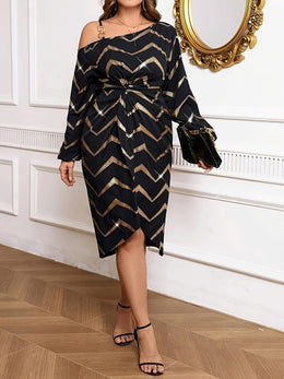jkthpu-45 Plus Size Elegant Off the Shoulder Striped Midi Dress - Chic Polyester Blend, Non-Stretch, Asymmetrical Hem, Peplum Waist, Woven Fabric, Perfect for All Seasons, Day to Night, and Any Occasion