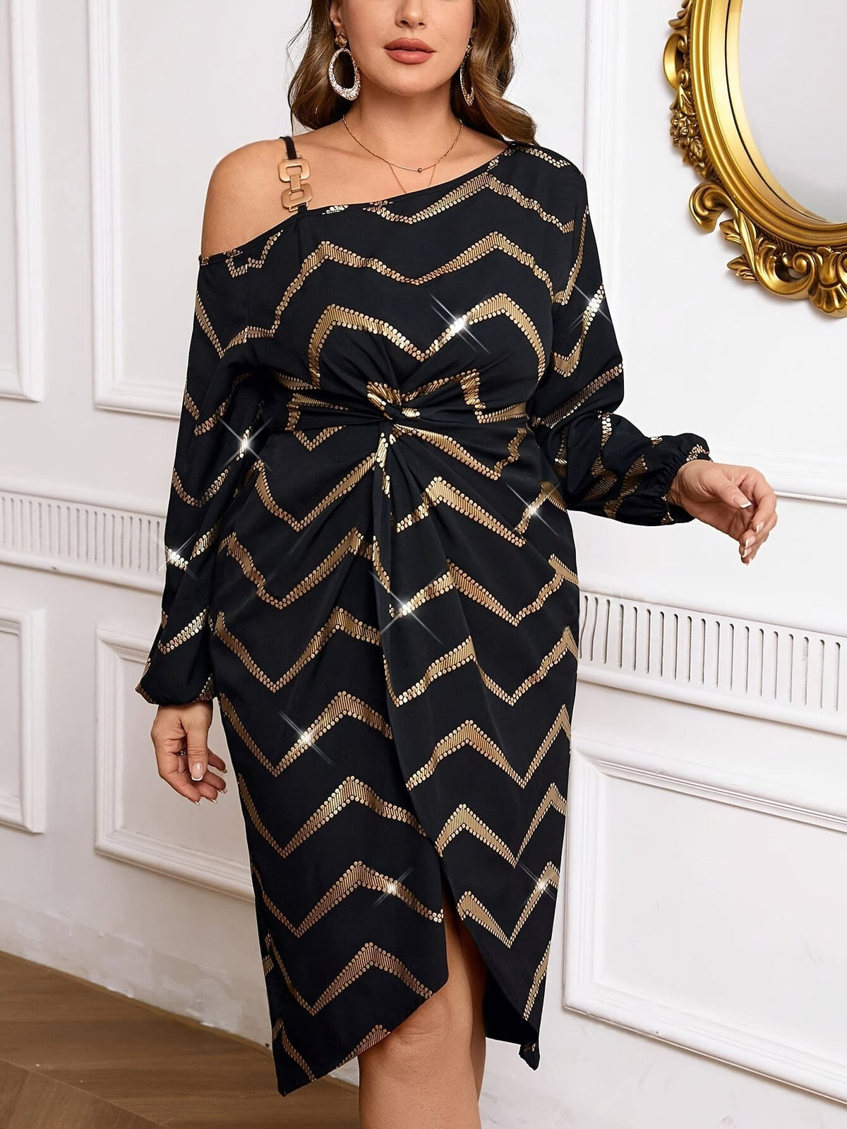 jkthpu-45 Plus Size Elegant Off the Shoulder Striped Midi Dress - Chic Polyester Blend, Non-Stretch, Asymmetrical Hem, Peplum Waist, Woven Fabric, Perfect for All Seasons, Day to Night, and Any Occasion