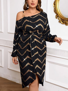 jkthpu-45 Plus Size Elegant Off the Shoulder Striped Midi Dress - Chic Polyester Blend, Non-Stretch, Asymmetrical Hem, Peplum Waist, Woven Fabric, Perfect for All Seasons, Day to Night, and Any Occasion