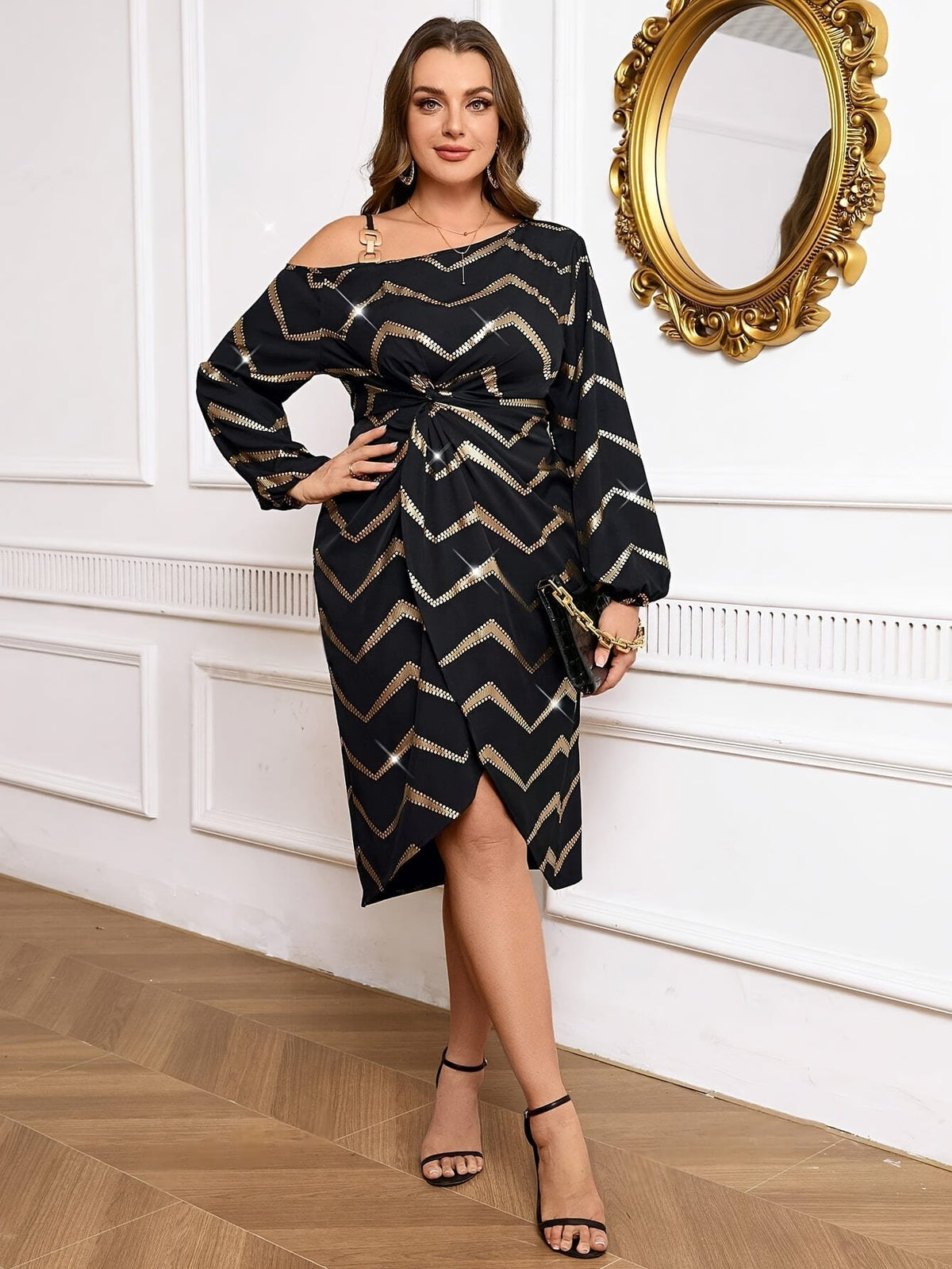 jkthpu-45 Plus Size Elegant Off the Shoulder Striped Midi Dress - Chic Polyester Blend, Non-Stretch, Asymmetrical Hem, Peplum Waist, Woven Fabric, Perfect for All Seasons, Day to Night, and Any Occasion