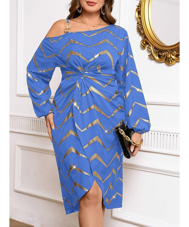 jkthpu-45 Plus Size Elegant Off the Shoulder Striped Midi Dress - Chic Polyester Blend, Non-Stretch, Asymmetrical Hem, Peplum Waist, Woven Fabric, Perfect for All Seasons, Day to Night, and Any Occasion