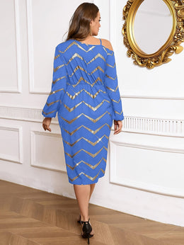jkthpu-45 Plus Size Elegant Off the Shoulder Striped Midi Dress - Chic Polyester Blend, Non-Stretch, Asymmetrical Hem, Peplum Waist, Woven Fabric, Perfect for All Seasons, Day to Night, and Any Occasion