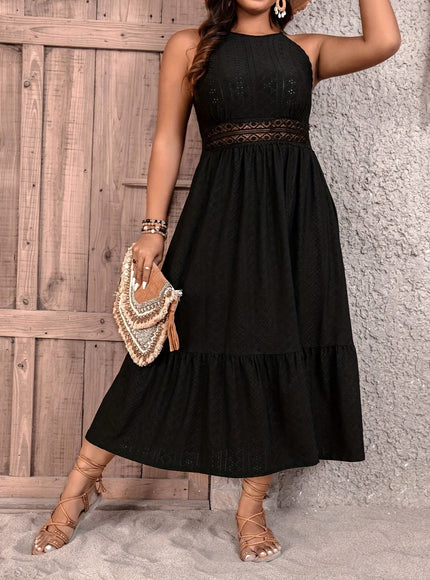 jkthpu-45 Plus Size - Elegant Plus Size Black Dress with Lace Detailing - Sleeveless, Ruffled Hem, Cinched Waist, Perfect for Spring/Summer/Fall, Casual to Formal Wear, Casual Attire | Ruffled Hem Dress | Lace Detailing, Plus Size Dress