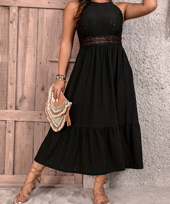 jkthpu-45 Plus Size - Elegant Plus Size Black Dress with Lace Detailing - Sleeveless, Ruffled Hem, Cinched Waist, Perfect for Spring/Summer/Fall, Casual to Formal Wear, Casual Attire | Ruffled Hem Dress | Lace Detailing, Plus Size Dress
