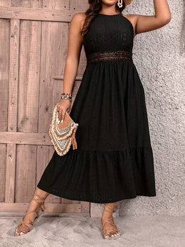 jkthpu-45 Plus Size - Elegant Plus Size Black Dress with Lace Detailing - Sleeveless, Ruffled Hem, Cinched Waist, Perfect for Spring/Summer/Fall, Casual to Formal Wear, Casual Attire | Ruffled Hem Dress | Lace Detailing, Plus Size Dress