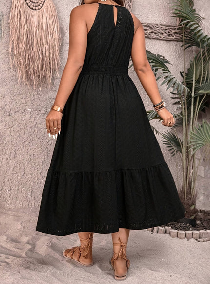 jkthpu-45 Plus Size - Elegant Plus Size Black Dress with Lace Detailing - Sleeveless, Ruffled Hem, Cinched Waist, Perfect for Spring/Summer/Fall, Casual to Formal Wear, Casual Attire | Ruffled Hem Dress | Lace Detailing, Plus Size Dress