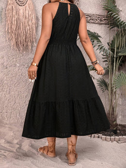 jkthpu-45 Plus Size - Elegant Plus Size Black Dress with Lace Detailing - Sleeveless, Ruffled Hem, Cinched Waist, Perfect for Spring/Summer/Fall, Casual to Formal Wear, Casual Attire | Ruffled Hem Dress | Lace Detailing, Plus Size Dress