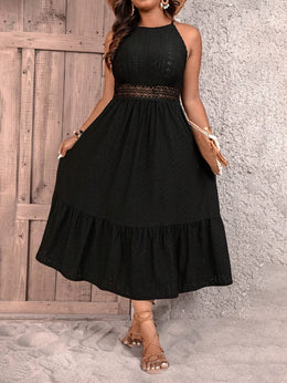 jkthpu-45 Plus Size - Elegant Plus Size Black Dress with Lace Detailing - Sleeveless, Ruffled Hem, Cinched Waist, Perfect for Spring/Summer/Fall, Casual to Formal Wear, Casual Attire | Ruffled Hem Dress | Lace Detailing, Plus Size Dress