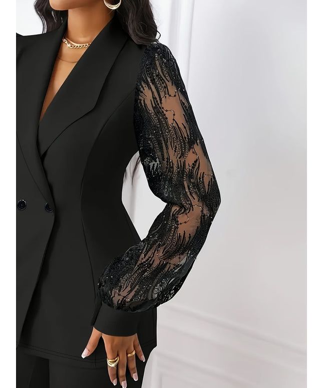 jkthpu-45 Plus Size - Elegant Plus Size Black Suit Set for Women - V-Neck Blazer with Lace Sleeves, Wide-Leg Pants, and Clutch Bag, All-Season Versatile Office to Evening Wear, Formal Attire | Sophisticated Style | Polyester Blend