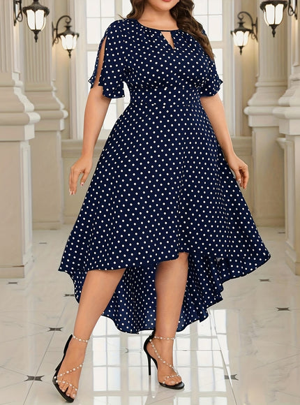 jkthpu-45 Plus Size - Elegant Plus Size Black & White Polka Dot Midi Dress with Asymmetrical Hem, V-Neck & Split Sleeves - Perfect for Spring/Summer Casual Outings, Casual Summer Dress | Asymmetrical Hemline | Nonstretch Fabric