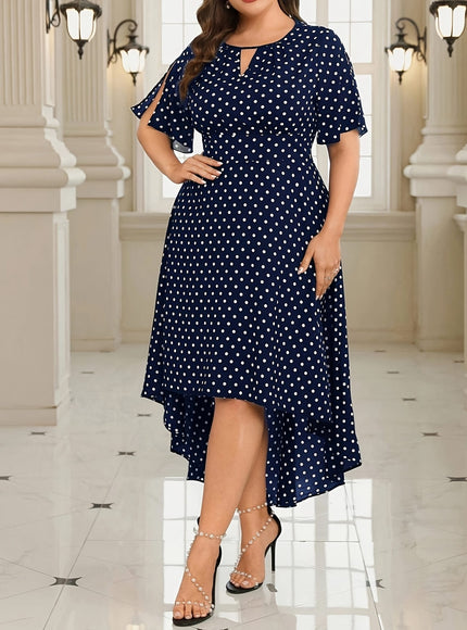 jkthpu-45 Plus Size - Elegant Plus Size Black & White Polka Dot Midi Dress with Asymmetrical Hem, V-Neck & Split Sleeves - Perfect for Spring/Summer Casual Outings, Casual Summer Dress | Asymmetrical Hemline | Nonstretch Fabric