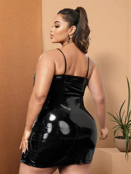 jkthpu-45 Plus Size - Elegant Plus Size Bodycon Mini Dress - Stretchy, Sleeveless, High-Neck with Side Slit, Black Faux Leather-Like Fabric for Parties & Evening Wear, Party Dress | Highneck Dress | Stretchy Fabric