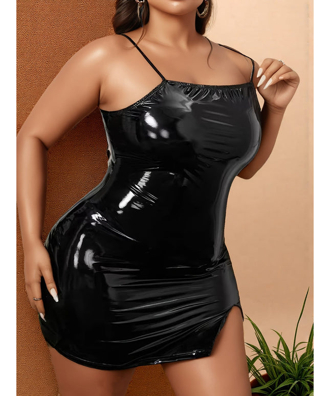 jkthpu-45 Plus Size - Elegant Plus Size Bodycon Mini Dress - Stretchy, Sleeveless, High-Neck with Side Slit, Black Faux Leather-Like Fabric for Parties & Evening Wear, Party Dress | Highneck Dress | Stretchy Fabric