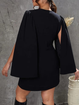 jkthpu-45 Plus Size - Elegant Plus Size Deep V-Neck Long Sleeve Dress with Double-Breasted Buttons, Ruffled Sleeves & Belted Waist - Black, Perfect for Parties & Dates, Party Dress | Ruffled Sleeve Dress | Sophisticated Design, Cute Dresses