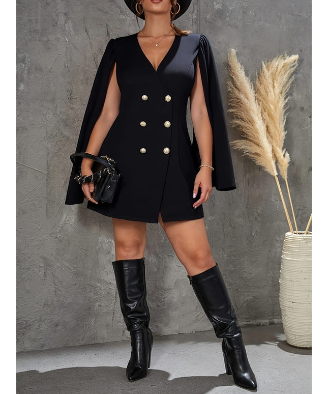 jkthpu-45 Plus Size - Elegant Plus Size Deep V-Neck Long Sleeve Dress with Double-Breasted Buttons, Ruffled Sleeves & Belted Waist - Black, Perfect for Parties & Dates, Party Dress | Ruffled Sleeve Dress | Sophisticated Design, Cute Dresses