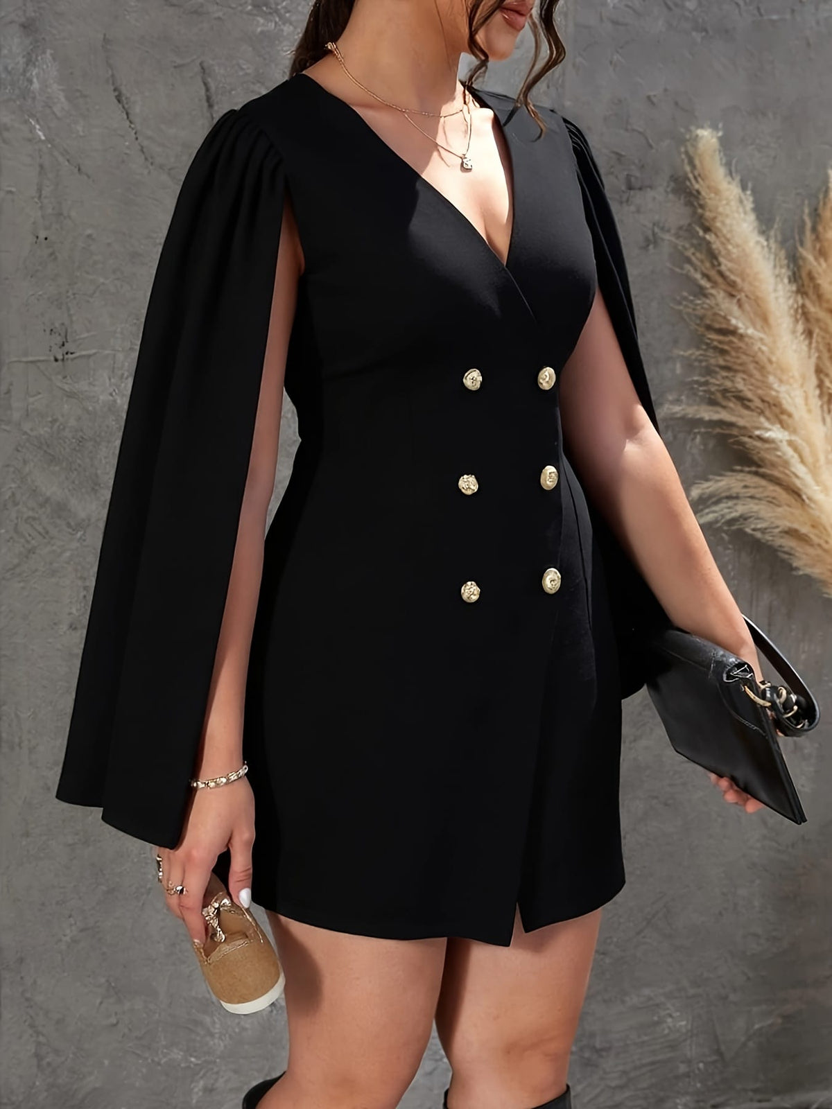 jkthpu-45 Plus Size - Elegant Plus Size Deep V-Neck Long Sleeve Dress with Double-Breasted Buttons, Ruffled Sleeves & Belted Waist - Black, Perfect for Parties & Dates, Party Dress | Ruffled Sleeve Dress | Sophisticated Design, Cute Dresses