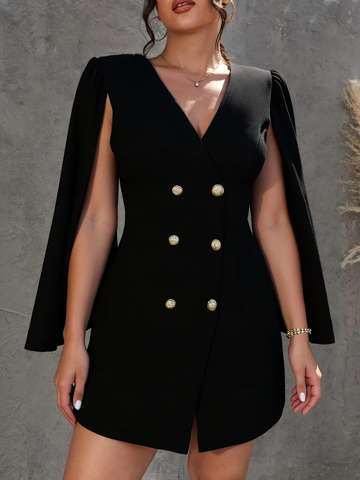 jkthpu-45 Plus Size - Elegant Plus Size Deep V-Neck Long Sleeve Dress with Double-Breasted Buttons, Ruffled Sleeves & Belted Waist - Black, Perfect for Parties & Dates, Party Dress | Ruffled Sleeve Dress | Sophisticated Design, Cute Dresses