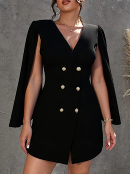jkthpu-45 Plus Size - Elegant Plus Size Deep V-Neck Long Sleeve Dress with Double-Breasted Buttons, Ruffled Sleeves & Belted Waist - Black, Perfect for Parties & Dates, Party Dress | Ruffled Sleeve Dress | Sophisticated Design, Cute Dresses