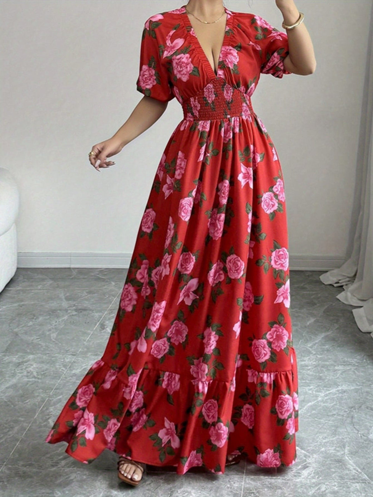 jkthpu-45 Plus Size - Elegant Plus Size Floral Maxi Dress - V-Neck, Short Sleeves, Cinched Waist with Ruffled Hem, Red & Pink Roses on White Background, Perfect for Spring/Summer/Fall, Floral Dress