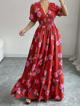 jkthpu-45 Plus Size - Elegant Plus Size Floral Maxi Dress - V-Neck, Short Sleeves, Cinched Waist with Ruffled Hem, Red & Pink Roses on White Background, Perfect for Spring/Summer/Fall, Floral Dress