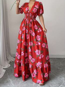 jkthpu-45 Plus Size - Elegant Plus Size Floral Maxi Dress - V-Neck, Short Sleeves, Cinched Waist with Ruffled Hem, Red & Pink Roses on White Background, Perfect for Spring/Summer/Fall, Floral Dress