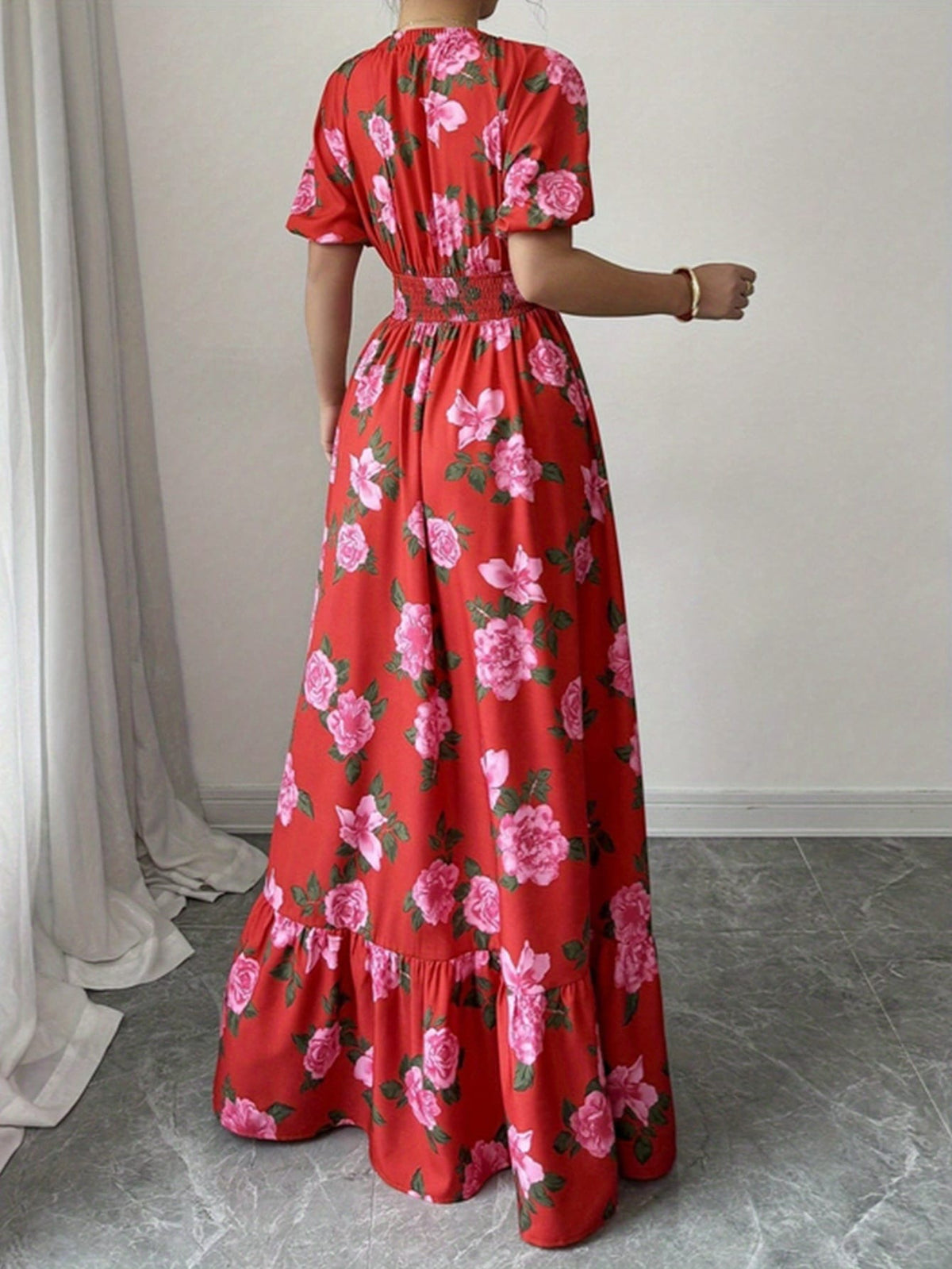 jkthpu-45 Plus Size - Elegant Plus Size Floral Maxi Dress - V-Neck, Short Sleeves, Cinched Waist with Ruffled Hem, Red & Pink Roses on White Background, Perfect for Spring/Summer/Fall, Floral Dress