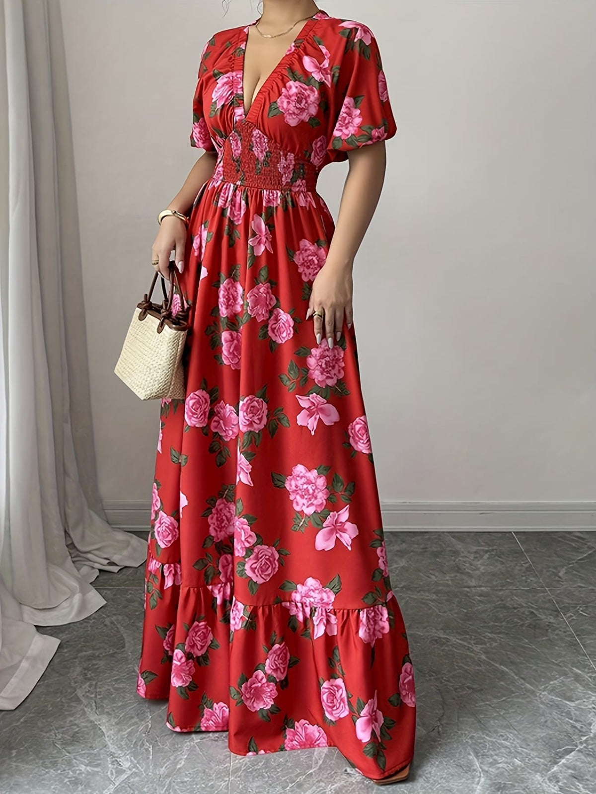 jkthpu-45 Plus Size - Elegant Plus Size Floral Maxi Dress - V-Neck, Short Sleeves, Cinched Waist with Ruffled Hem, Red & Pink Roses on White Background, Perfect for Spring/Summer/Fall, Floral Dress