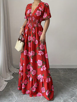 jkthpu-45 Plus Size - Elegant Plus Size Floral Maxi Dress - V-Neck, Short Sleeves, Cinched Waist with Ruffled Hem, Red & Pink Roses on White Background, Perfect for Spring/Summer/Fall, Floral Dress