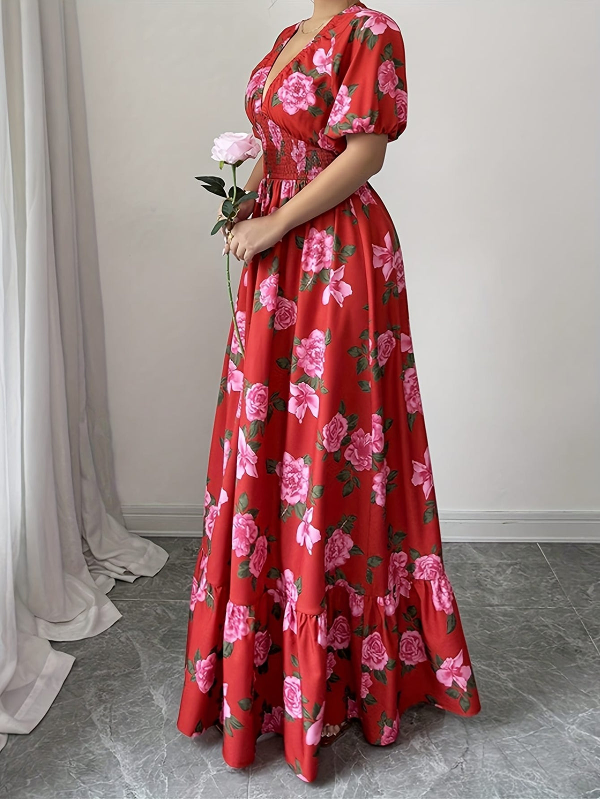jkthpu-45 Plus Size - Elegant Plus Size Floral Maxi Dress - V-Neck, Short Sleeves, Cinched Waist with Ruffled Hem, Red & Pink Roses on White Background, Perfect for Spring/Summer/Fall, Floral Dress