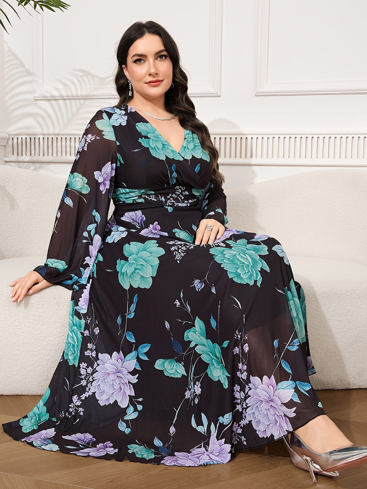 jkthpu-45 Plus Size - Elegant Plus Size Floral Print Maxi Kaftan Dress - Long Sleeve, Cross Neck, Stretchy Polyester Blend, Black with Teal & White Flowers, Perfect for Casual or Formal Occasions, Casual Wear | Cross Neckline Dress | Comfortable Fit, Cute Dresses