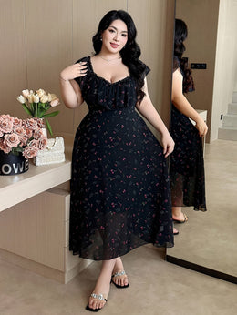 jkthpu-45 Plus Size - Elegant Plus Size Floral Print V-Neck Dress for Women - Shirred Waist, Long Sleeve, A-Line Silhouette, Black with Red Flowers, Perfect for Spring/Summer/Fall, Floral Dress