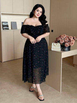 jkthpu-45 Plus Size - Elegant Plus Size Floral Print V-Neck Dress for Women - Shirred Waist, Long Sleeve, A-Line Silhouette, Black with Red Flowers, Perfect for Spring/Summer/Fall, Floral Dress