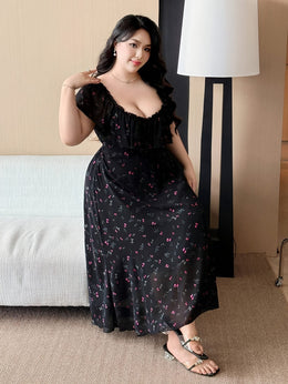 jkthpu-45 Plus Size - Elegant Plus Size Floral Print V-Neck Dress for Women - Shirred Waist, Long Sleeve, A-Line Silhouette, Black with Red Flowers, Perfect for Spring/Summer/Fall, Floral Dress