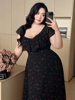 jkthpu-45 Plus Size - Elegant Plus Size Floral Print V-Neck Dress for Women - Shirred Waist, Long Sleeve, A-Line Silhouette, Black with Red Flowers, Perfect for Spring/Summer/Fall, Floral Dress