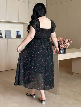 jkthpu-45 Plus Size - Elegant Plus Size Floral Print V-Neck Dress for Women - Shirred Waist, Long Sleeve, A-Line Silhouette, Black with Red Flowers, Perfect for Spring/Summer/Fall, Floral Dress