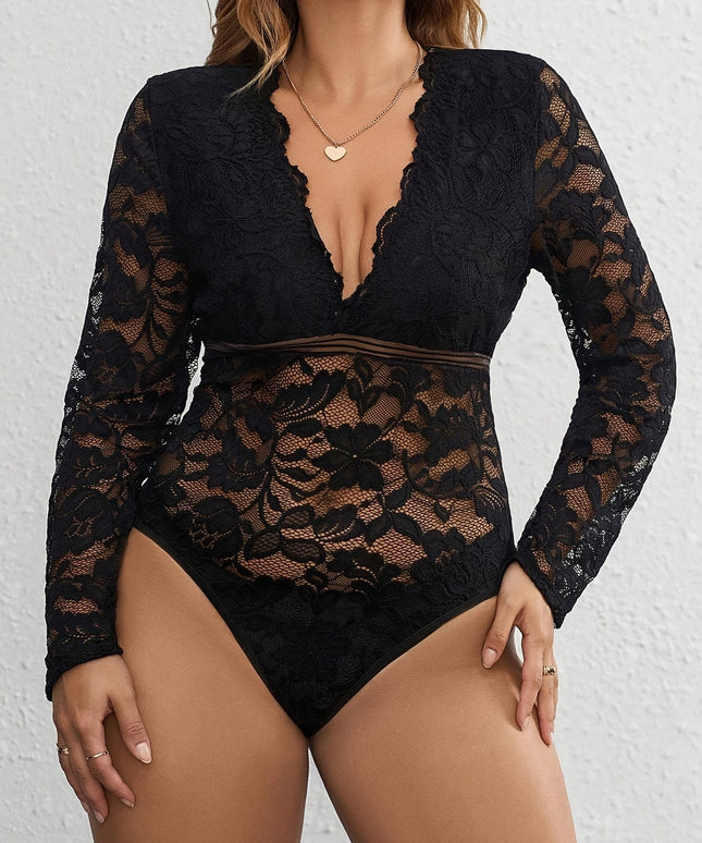 jkthpu-45 Plus Size - Elegant Plus Size Lace-Trimmed V-Neck Bodysuit for Women - Sexy Long Sleeve Jumpsuit with Floral Pattern, Stretchy Fabric, and Belted Waist, All-Season Wear, Elegant Attire | Floral Print Bodysuit | Glossy Finish, Lace Trim