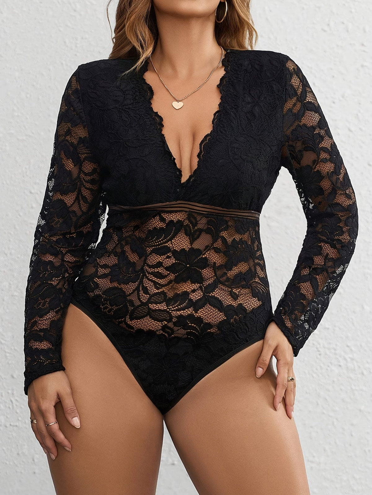jkthpu-45 Plus Size - Elegant Plus Size Lace-Trimmed V-Neck Bodysuit for Women - Sexy Long Sleeve Jumpsuit with Floral Pattern, Stretchy Fabric, and Belted Waist, All-Season Wear, Elegant Attire | Floral Print Bodysuit | Glossy Finish, Lace Trim