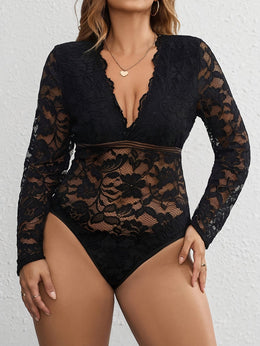 jkthpu-45 Plus Size - Elegant Plus Size Lace-Trimmed V-Neck Bodysuit for Women - Sexy Long Sleeve Jumpsuit with Floral Pattern, Stretchy Fabric, and Belted Waist, All-Season Wear, Elegant Attire | Floral Print Bodysuit | Glossy Finish, Lace Trim