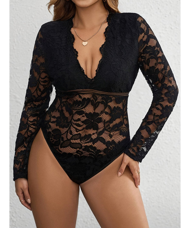 jkthpu-45 Plus Size - Elegant Plus Size Lace-Trimmed V-Neck Bodysuit for Women - Sexy Long Sleeve Jumpsuit with Floral Pattern, Stretchy Fabric, and Belted Waist, All-Season Wear, Elegant Attire | Floral Print Bodysuit | Glossy Finish, Lace Trim