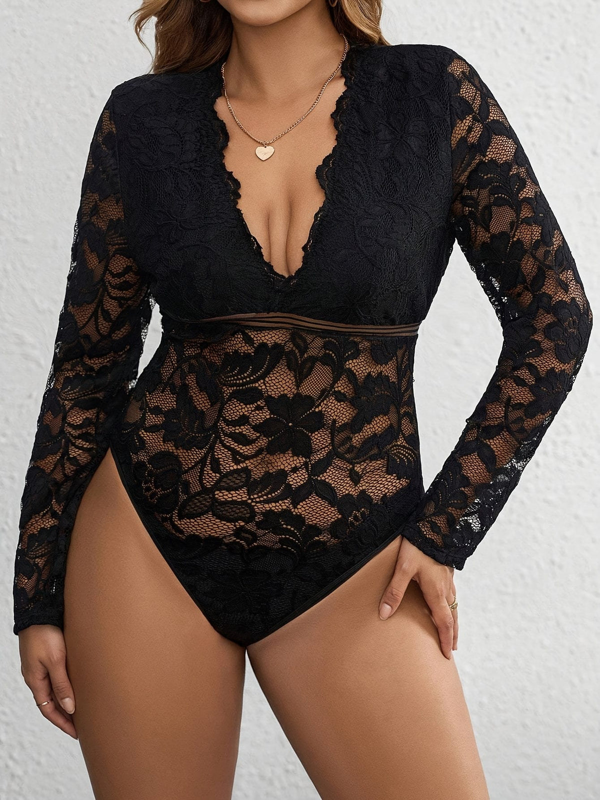 jkthpu-45 Plus Size - Elegant Plus Size Lace-Trimmed V-Neck Bodysuit for Women - Sexy Long Sleeve Jumpsuit with Floral Pattern, Stretchy Fabric, and Belted Waist, All-Season Wear, Elegant Attire | Floral Print Bodysuit | Glossy Finish, Lace Trim