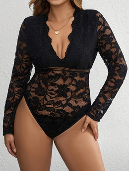 jkthpu-45 Plus Size - Elegant Plus Size Lace-Trimmed V-Neck Bodysuit for Women - Sexy Long Sleeve Jumpsuit with Floral Pattern, Stretchy Fabric, and Belted Waist, All-Season Wear, Elegant Attire | Floral Print Bodysuit | Glossy Finish, Lace Trim