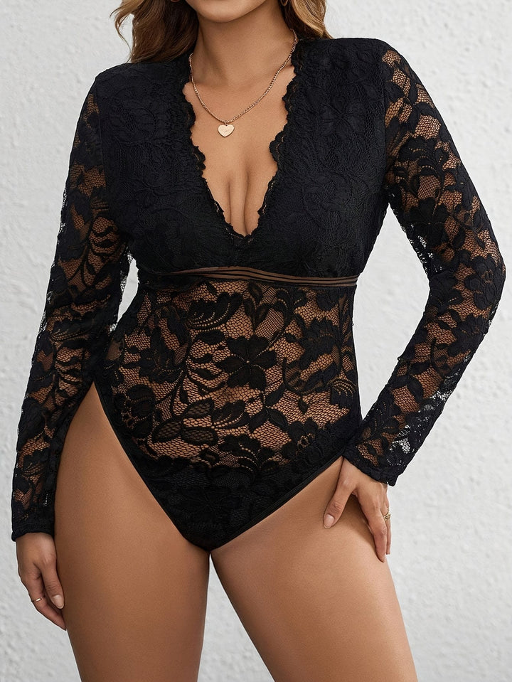 Plus Size - Elegant Plus Size Lace-Trimmed V-Neck Bodysuit for Women - Sexy Long Sleeve Jumpsuit with Floral Pattern, Stretchy Fabric, and Belted Waist, All-Season Wear, Elegant Attire | Floral Print Bodysuit | Glossy Finish, Lace Trim